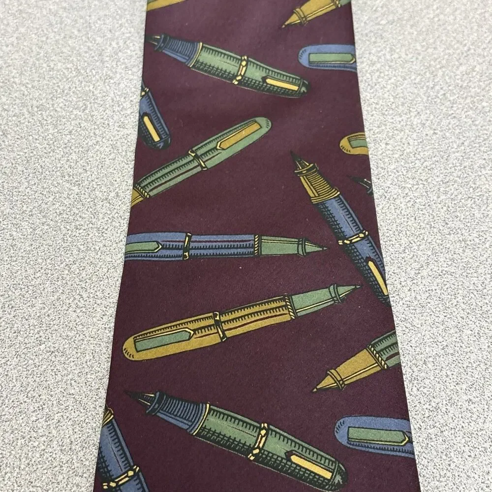Vintage Jones New York 100 % Silk Neck Tie,  Dark Burgundy With Ink Pen Print